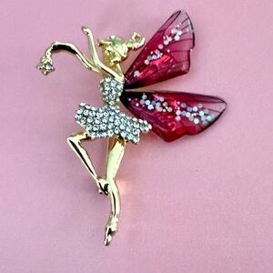 Ballerina W Burgundy Wings Rhinestone Dress Gold Tone Body & Wand Brooch Pin
